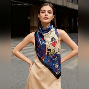 Vintage DKNY Silk Scarf Featuring a "Cafe d'Amour" and "Be Mine Valentine" Theme